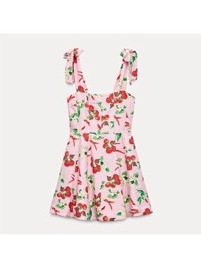 ZARA Pink Cherries Veggie Print Mini Dress Cherry Vacation